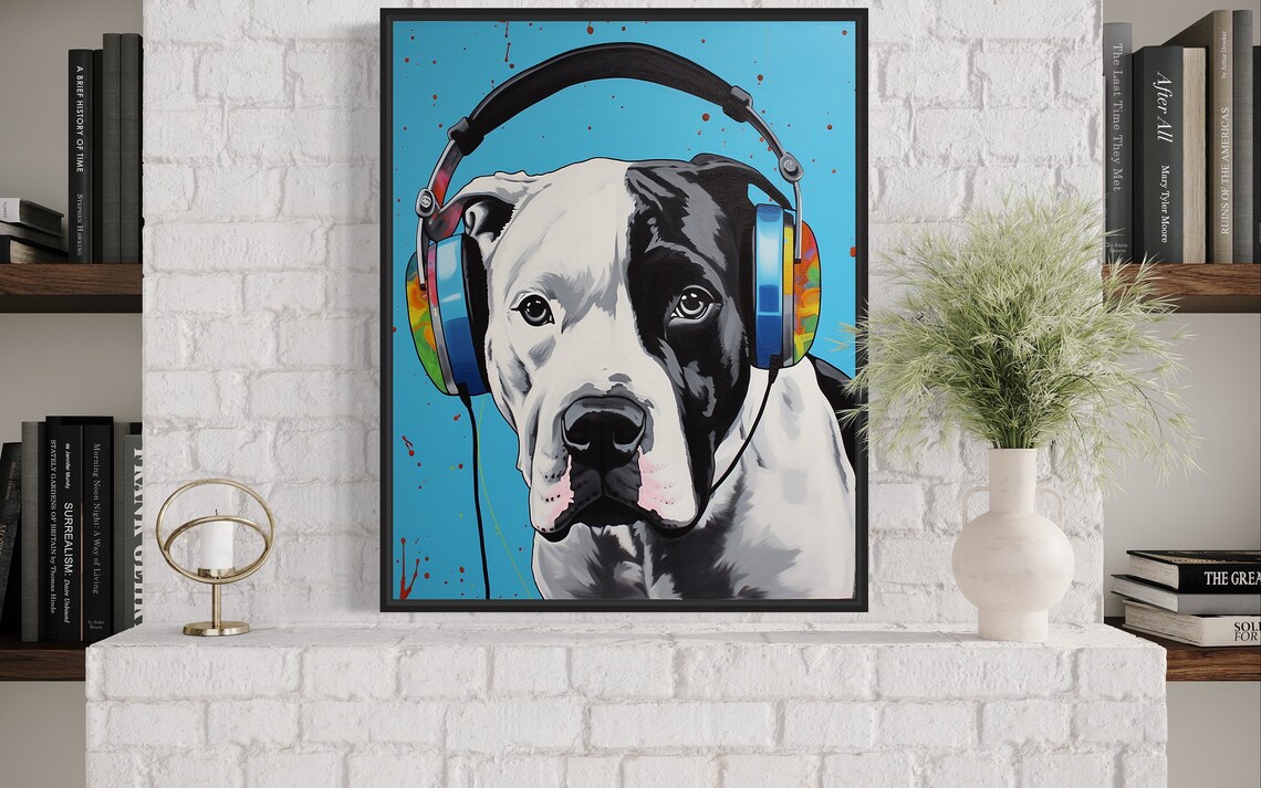 Staffordshire Dog Wearing Headphones Paint Splatter Music Poster - Image 4