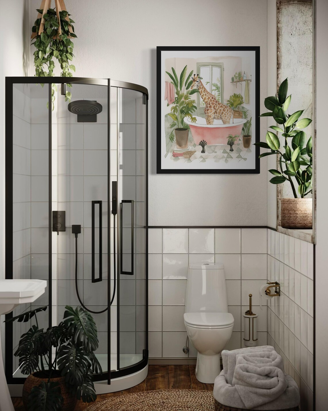 Giraffe Standing in a Pink Clawfoot Tub Watercolor Bathroom Poster - Image 3