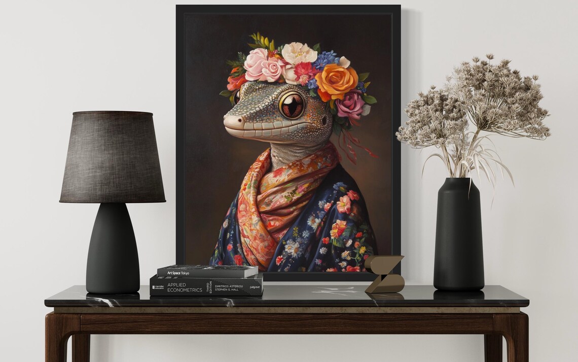 Gecko Wearing Flower Crown and Floral Robe Portrait Fine Art Decor Poster - Image 3