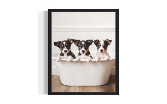 Australian Cattle Puppies In Bathtub Poster Art Print Bathroom Wall Original Paint Artwork Decor