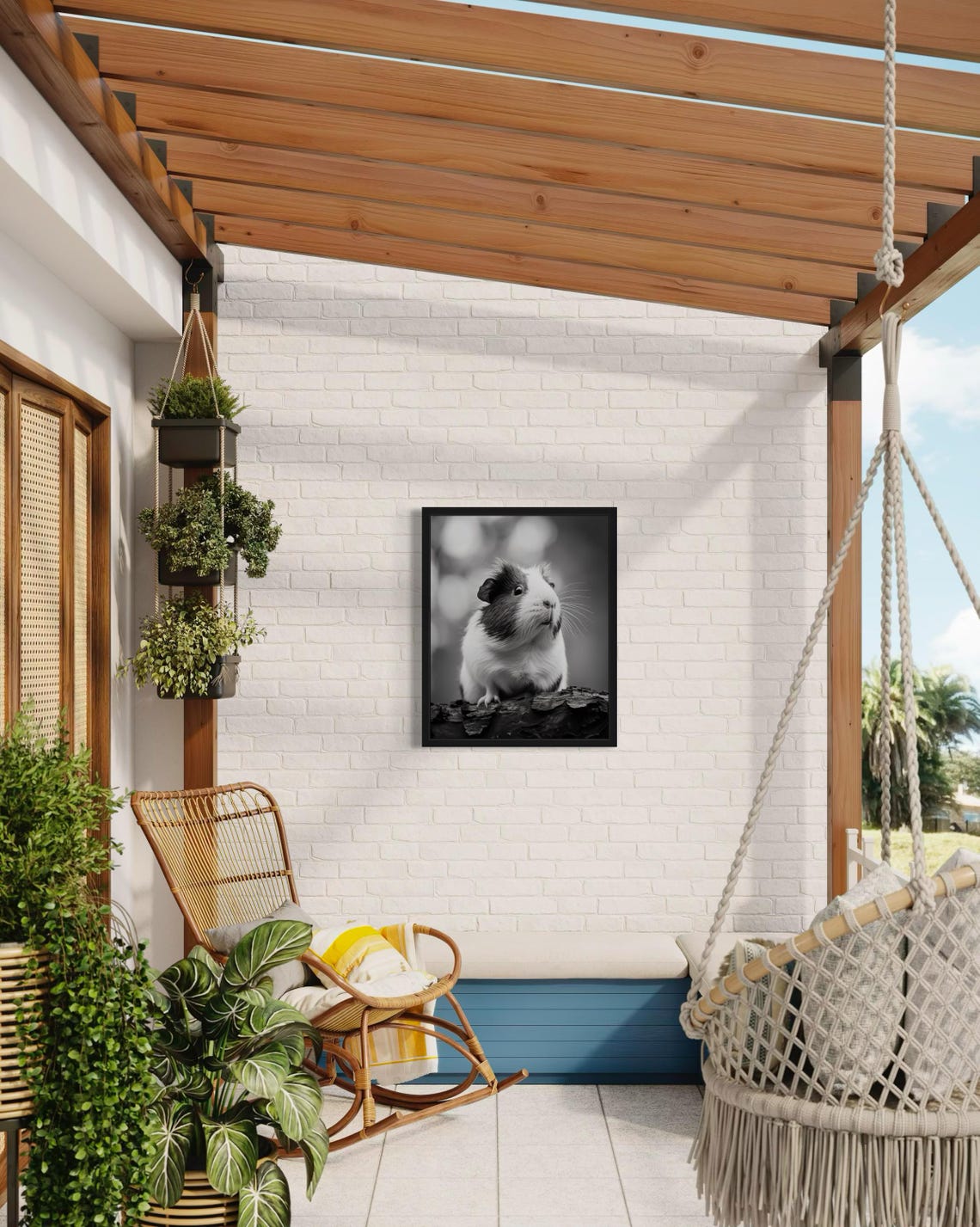Cute Guinea Pig Sitting on a Log Black and White Photo Poster - Image 3