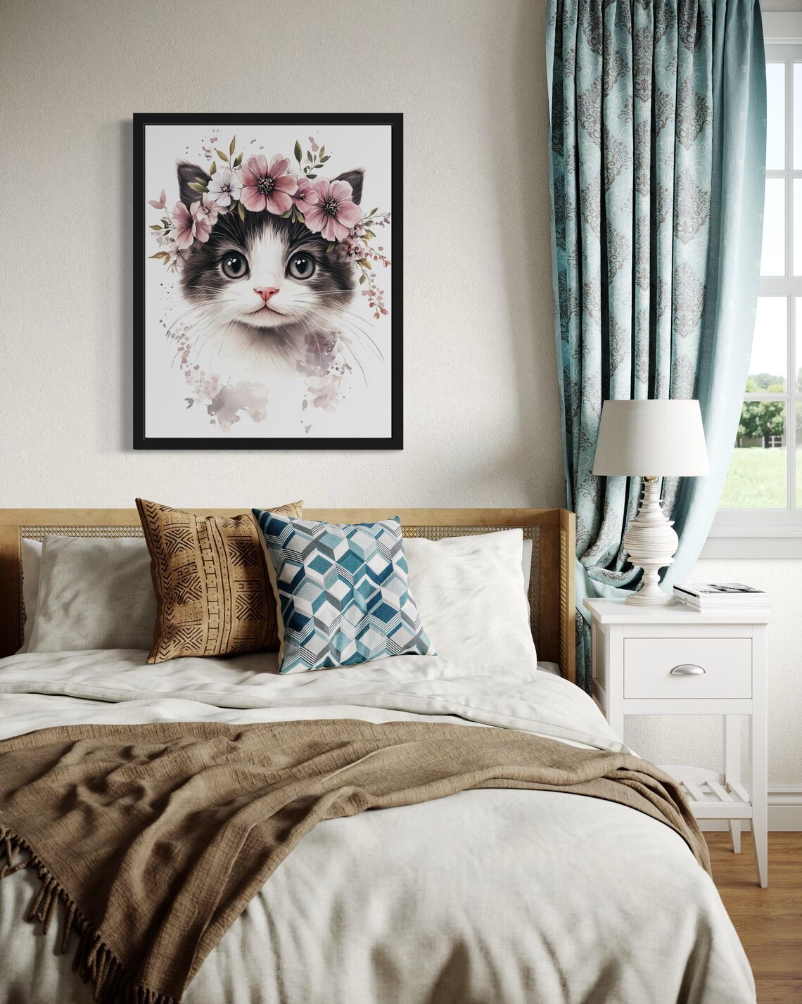 Kitten with Pink Flower Crown Watercolor Cute Cat Portrait Poster - Image 2