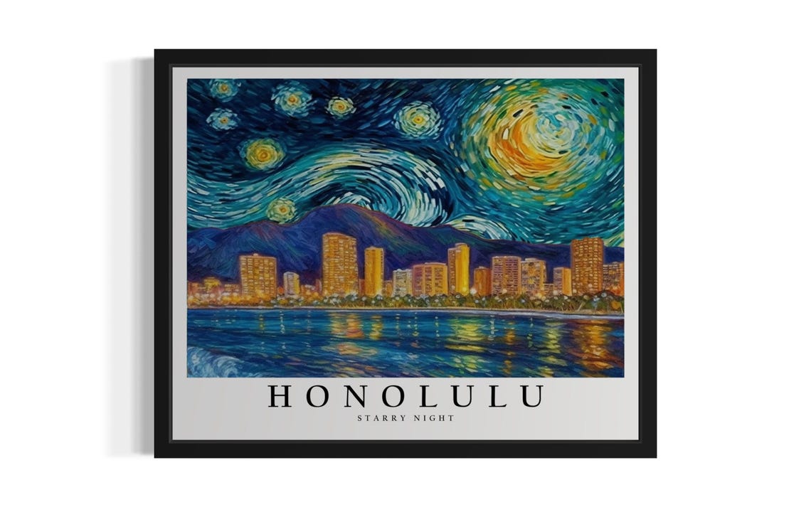 Honolulu Hawaii Waikiki Beachfront Starry Night Skyline Poster