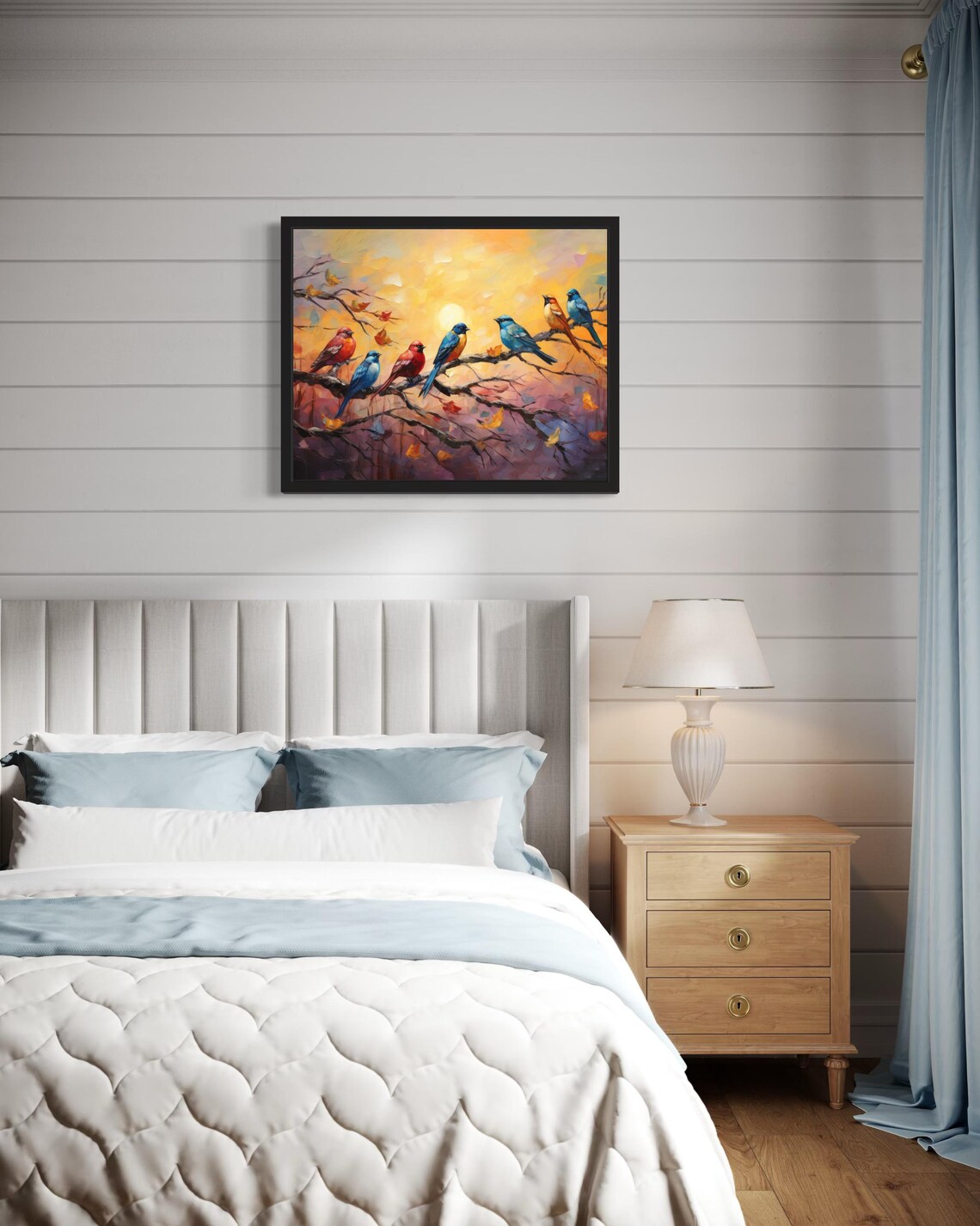 Colorful Songbirds Perched on Branches at Sunset Painting Poster - Image 4
