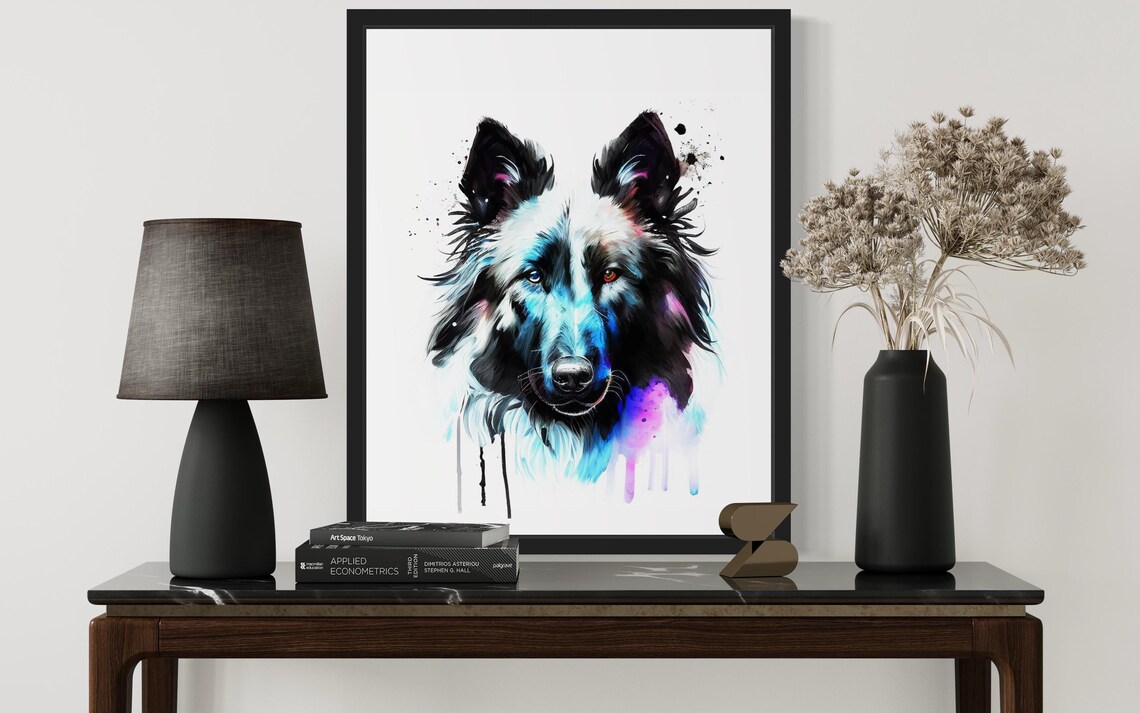 Black Belgian Sheepdog Electric Blue Watercolor Portrait Dog Poster - Image 3