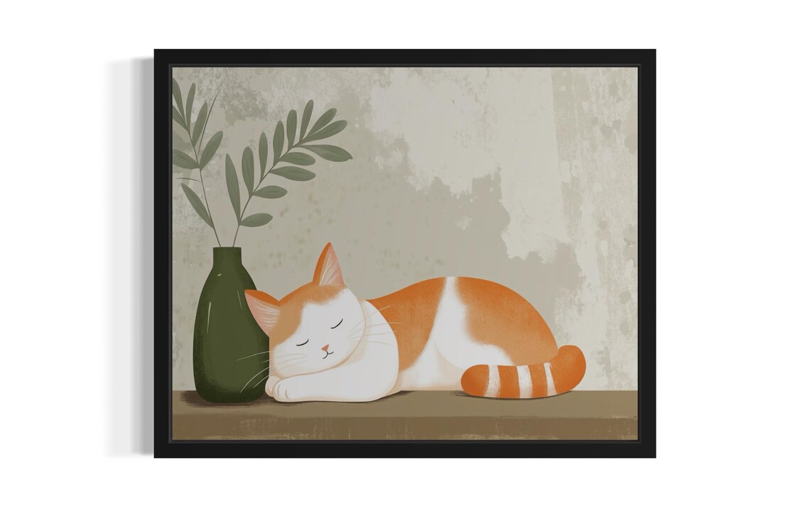 Funny Sleeping Cat Art Print, Cat Wall Decor