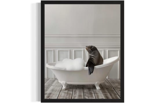 Seal Animal In Bathtub Art Print Poster Original Artwork Painting Bathroom Prints Decor