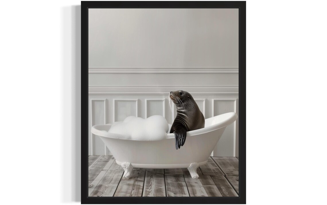 Sea Lion Chilling in a White Clawfoot Bubble Bath Tub Photo Poster