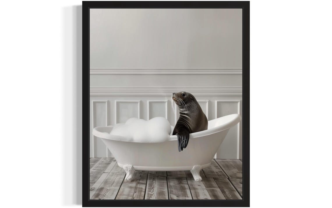 Seal Animal In Bathtub Art Print Poster Original Artwork Painting Bathroom Prints Decor