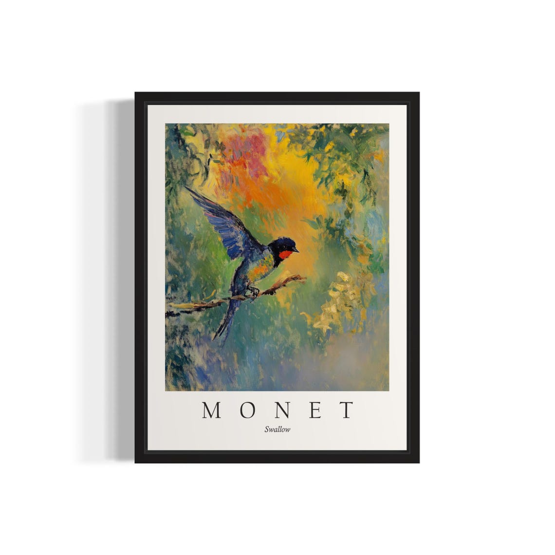 Swallow in Flight Landing on Branch Monet Style Vivid Bird Poster