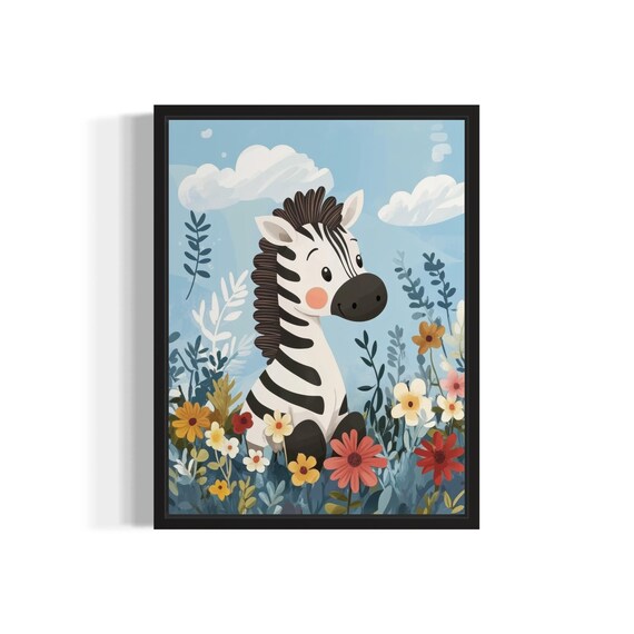 Cute Smiling Baby Zebra in Blooming Meadow Nursery Room Poster