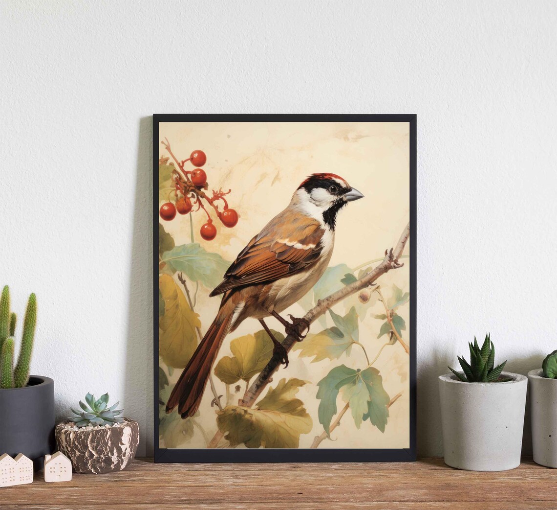 Sparrow Songbird Perched With Red Berries Vintage Bird Poster - Image 4