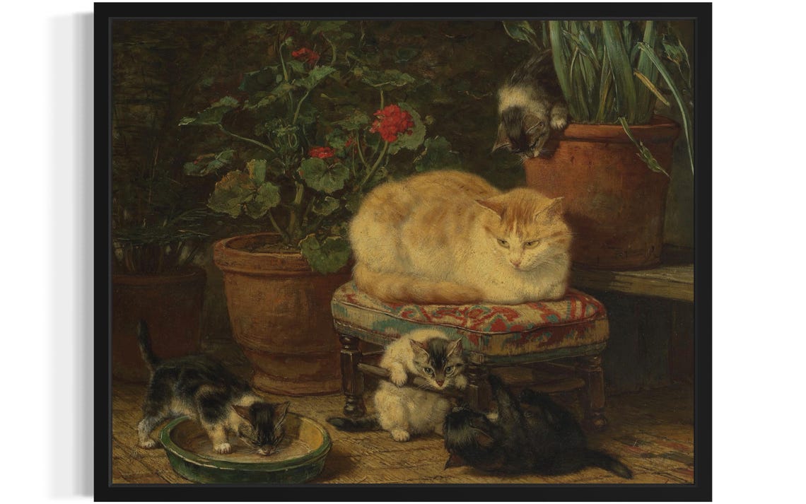Ginger Mother Cat With Kittens Among Geranium Pots Vintage Poster
