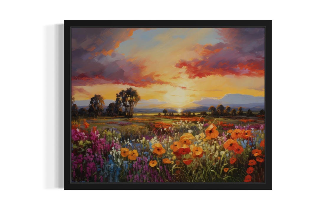Wildflower Farm Garden Meadow Under Sunset Sky Painting Poster