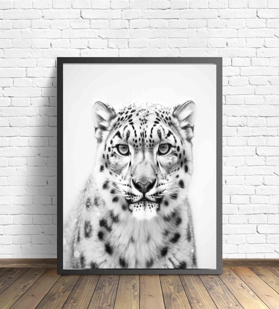 Snow Leopard Black and White Winter Wild Big Cat Portrait Poster - Image 3
