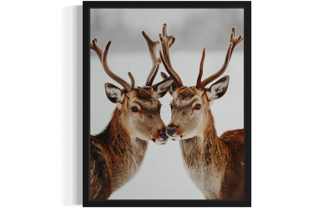 Two Young Deer Nose to Nose in Snowfall Minimalist Photo Poster