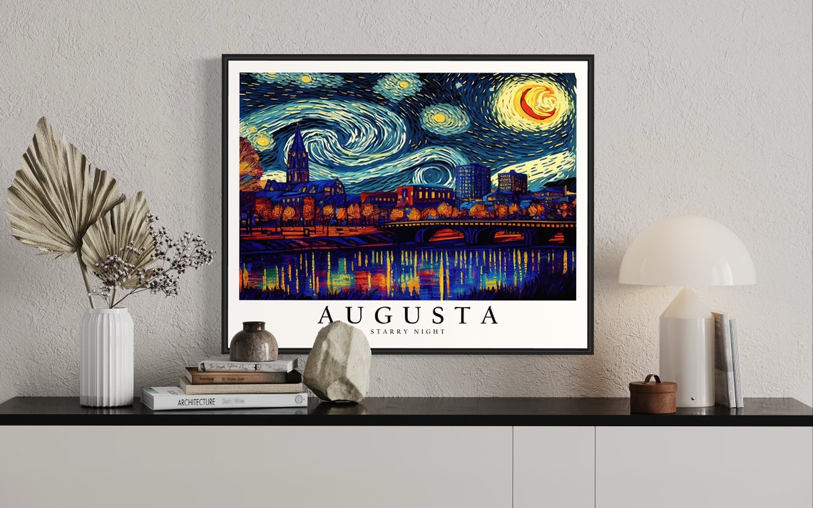 Augusta Starry Night Riverside Bridge Skyline Night Art Poster - Image 2