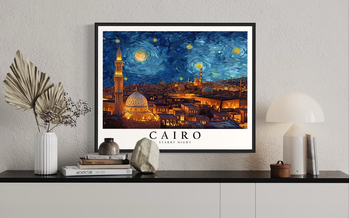 Cairo Egypt Starry Night Van Gogh Style Mosque Skyline Art Poster - Image 2