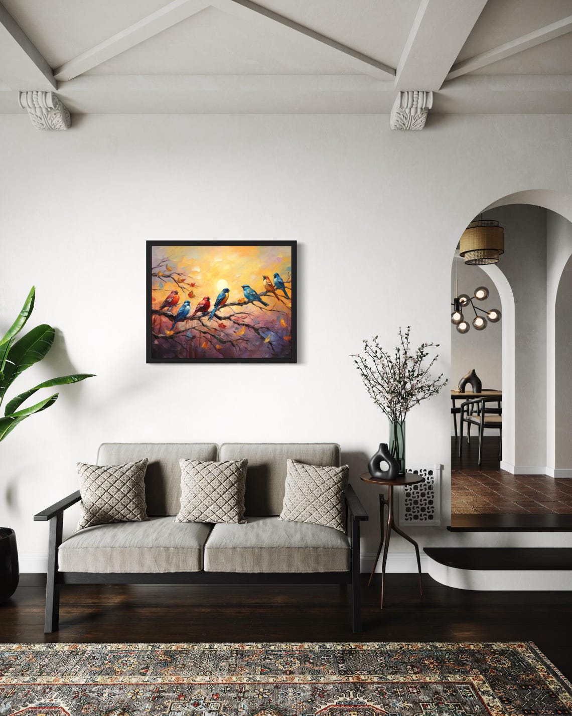 Colorful Songbirds Perched on Branches at Sunset Painting Poster - Image 2