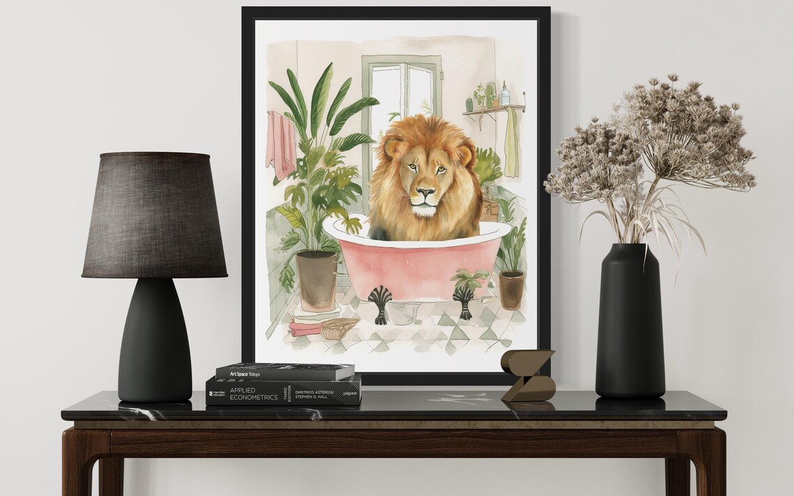 Majestic Lion Soaking in a Pink Bathtub Funny Bathroom Decor Print - Image 2