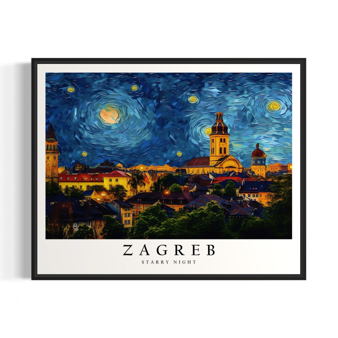 Zagreb Starry Night Old Town Towers Croatia Moonlit Art Poster