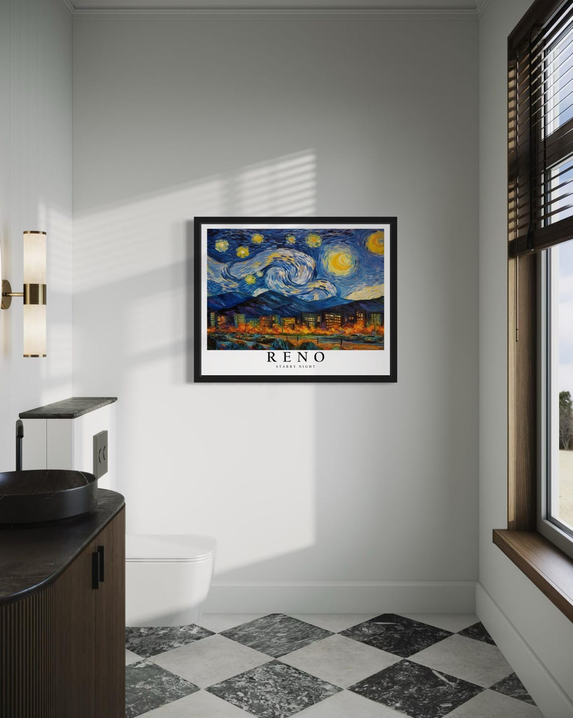 Reno Nevada Starry Night City Buildings Desert Mountains Art Poster - Image 4