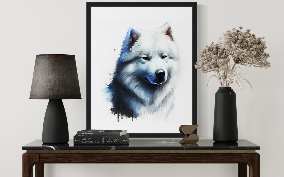Fluffy Samoyed Dog Icy Blue Watercolor Splash Portrait Art Poster - Image 3