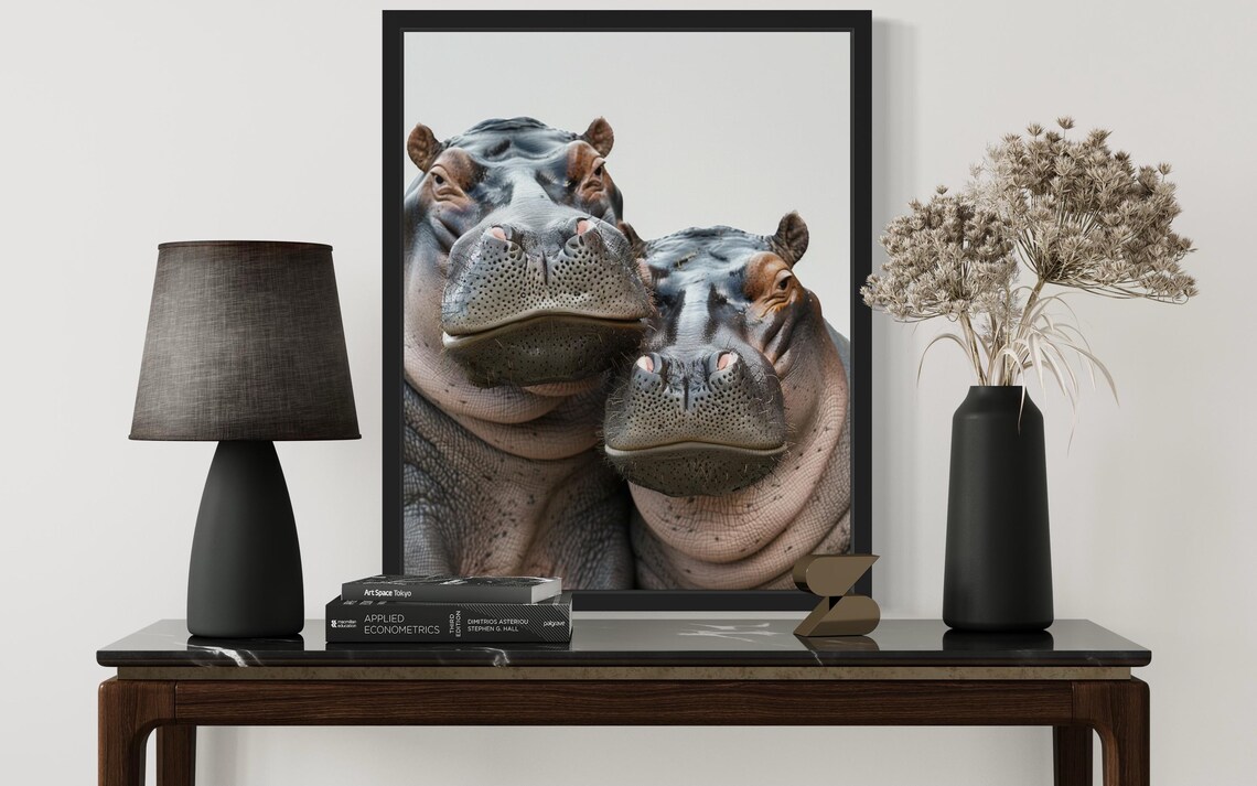 Two Happy Hippos Face Close-Up Minimalist Wildlife Photo Poster - Image 2