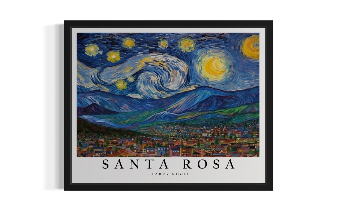 Santa Rosa California Starry Night Hillside Town Lights Art Poster