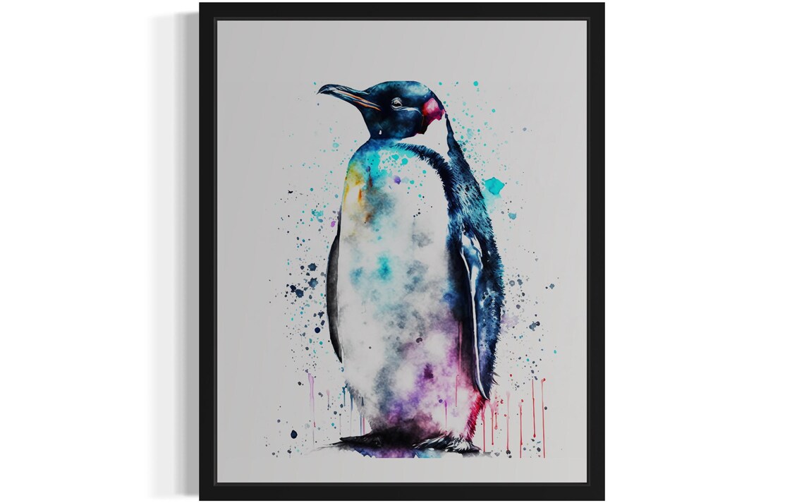 Penguin with Vibrant Teal and Pink Splashes Watercolor Art Poster