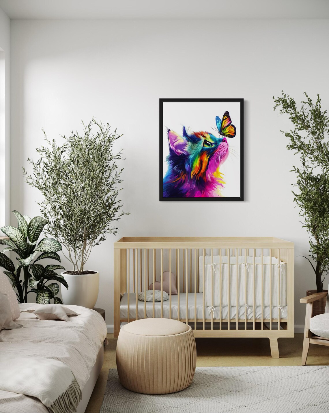 Rainbow Colored Cat with Monarch Butterfly Modern Colorful Art Print - Image 4