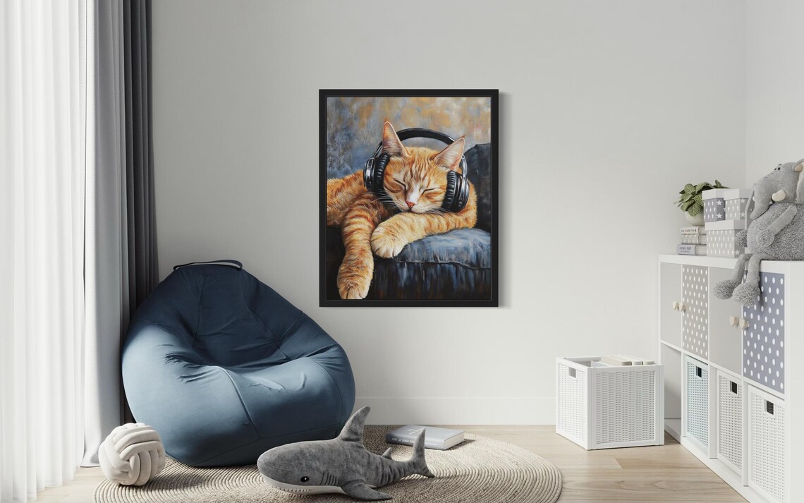 Orange Tabby Cat Sleeping with Headphones Oil Painting Poster - Image 3