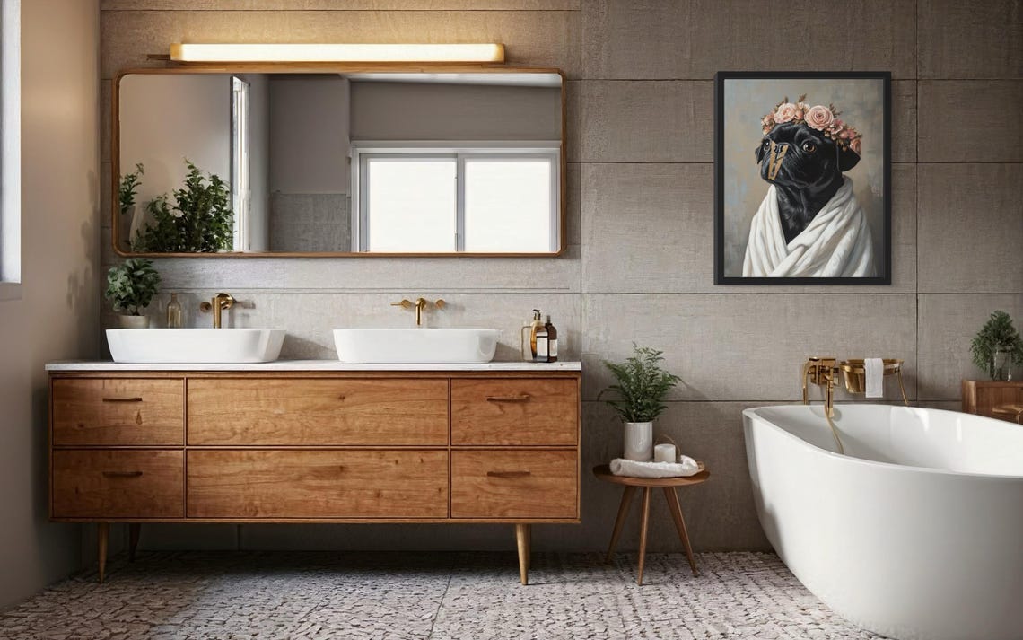 Black Pug Flower Crown Clothespin Funny Bathroom Decor Poster - Image 3