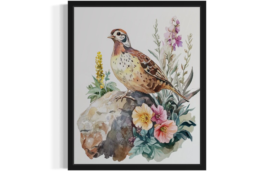 Partridge on a Mossy Rock with Wildflowers Watercolor Poster