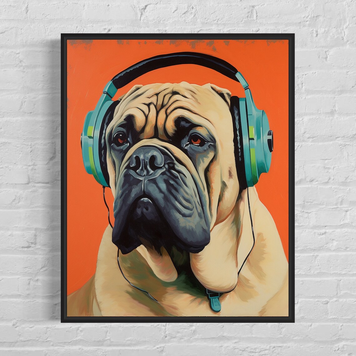 English Mastiff Wearing Headphones Orange Pop Art Dog Poster