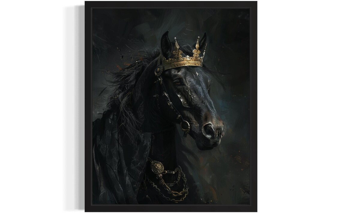 Black Horse Wearing Golden Crown Dark Regal King Portrait Poster
