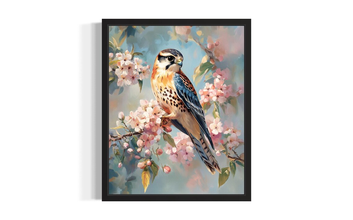 American Kestrel on Cherry Blossom Branch Bird Oil Painting Poster