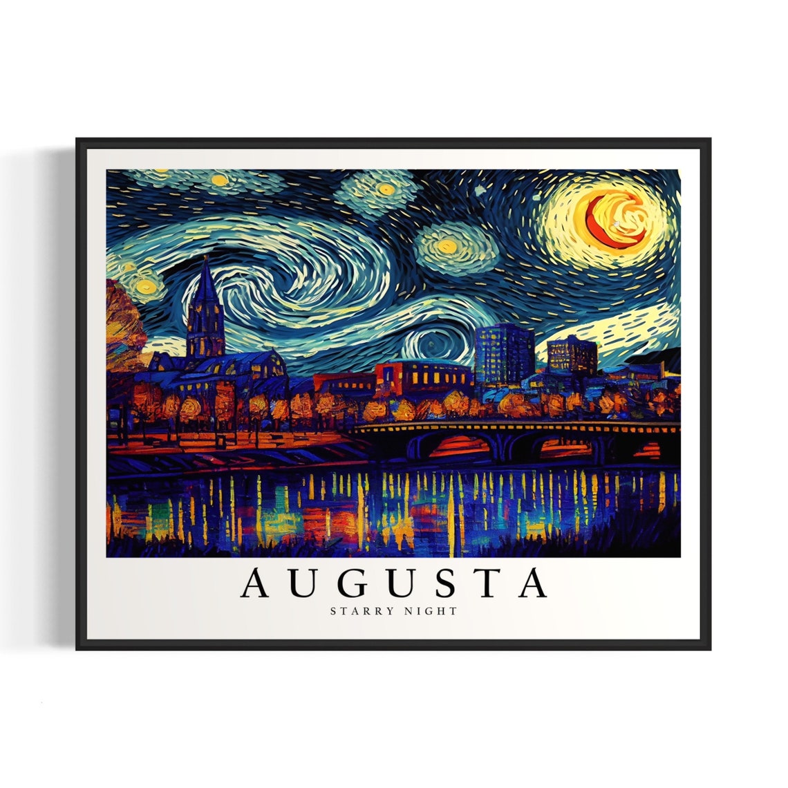 Augusta Starry Night Riverside Bridge Skyline Night Art Poster