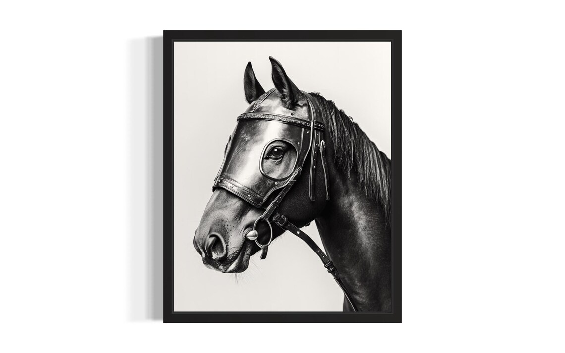 Black Horse in Bridle Profile Elegant Monochrome Equine Poster
