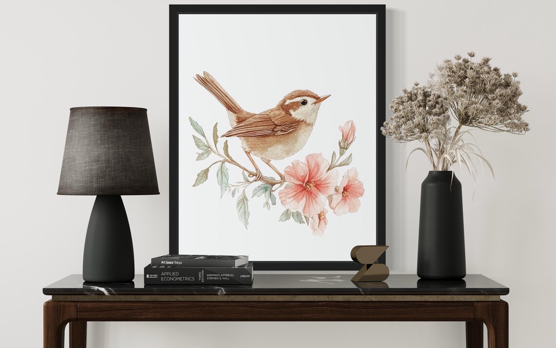 Carolina Wren Perched On Pink Blossom Watercolor Bird Poster - Image 3