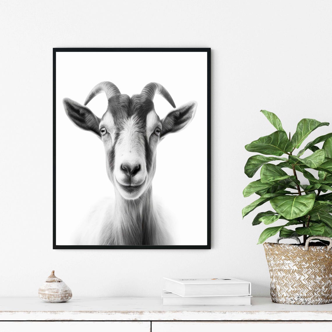 Goat Black and White Farm Animal Front Portrait Minimalist Poster - Image 3