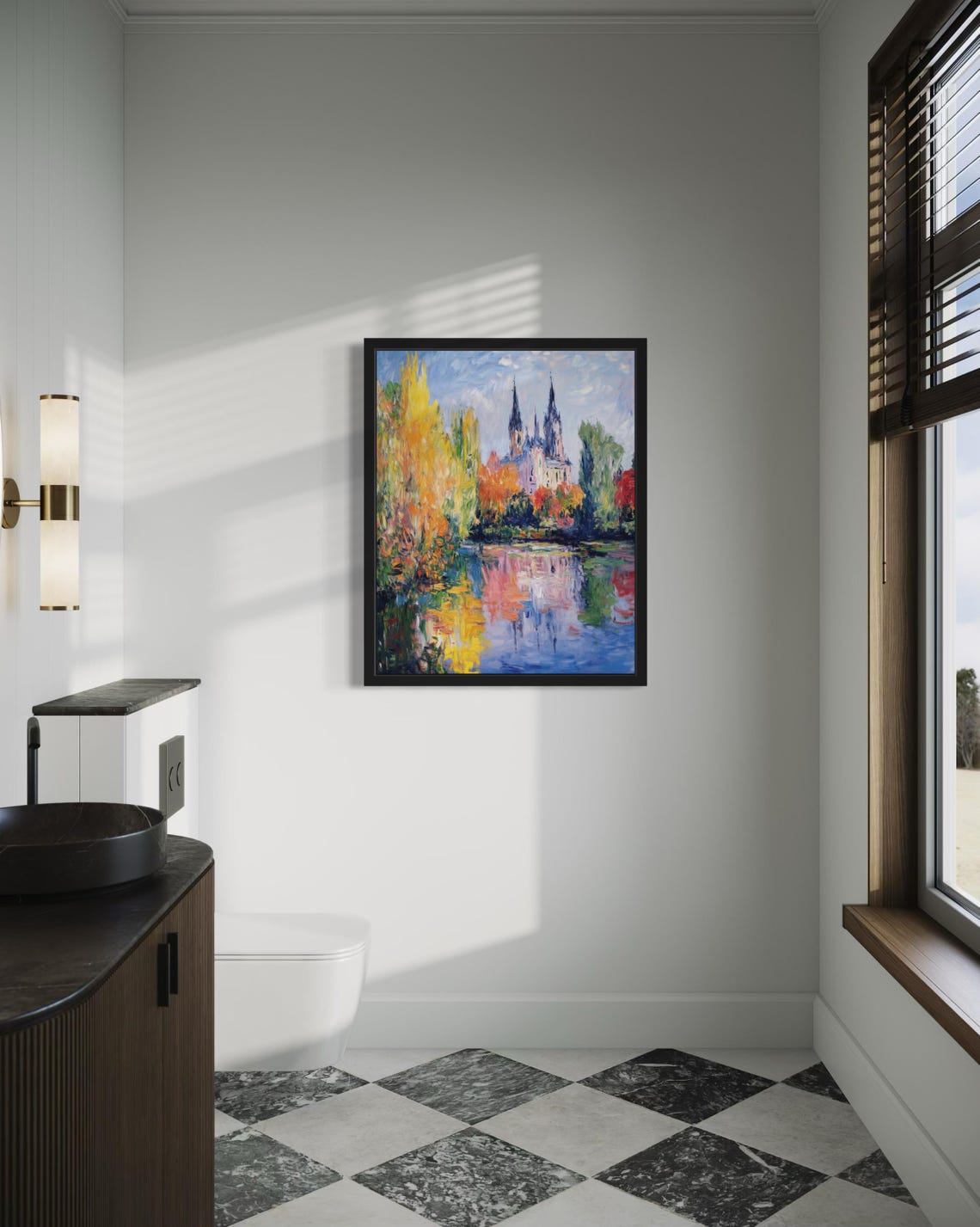 Poland Twin Spire Cathedral Riverside Autumn Monet Style Poster - Image 4