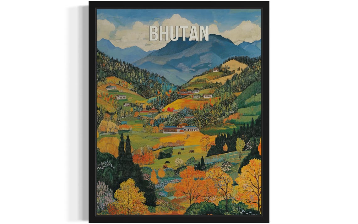 Bhutan Terraced Golden Fields Himalayan Valley Folk Art Travel Poster