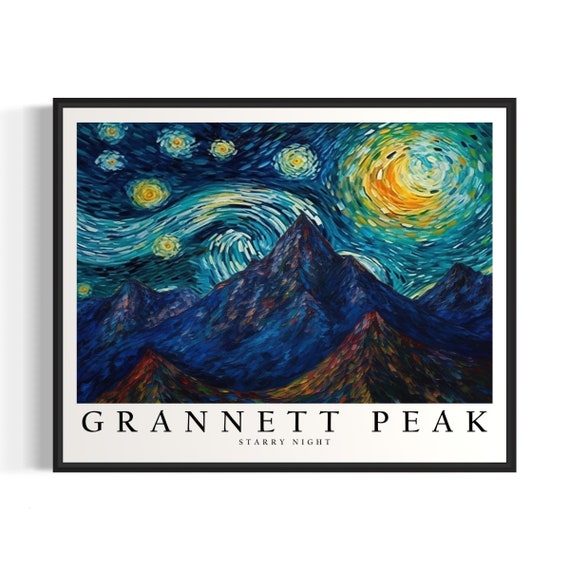 Grannett Peak Mountain Starry Night Art Print Van Gogh Style Poster Wall Art Original Painting Decor