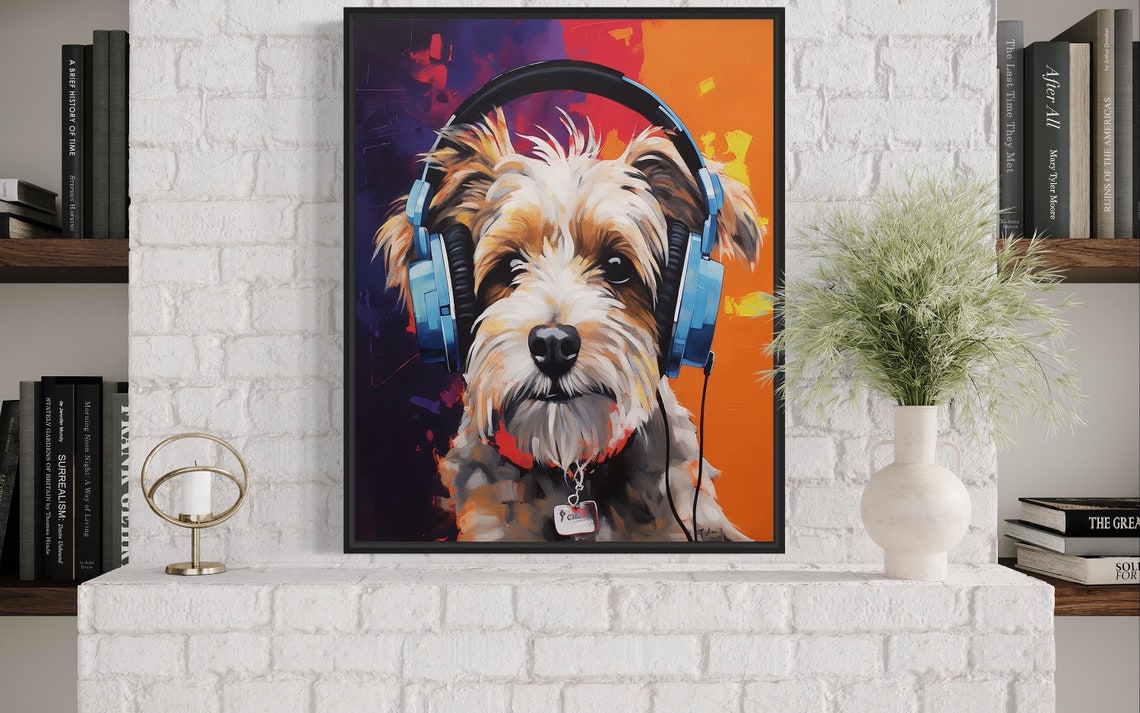 Biewer Terrier Puppy Wearing Blue Headphones Pop Art Portrait Poster - Image 4