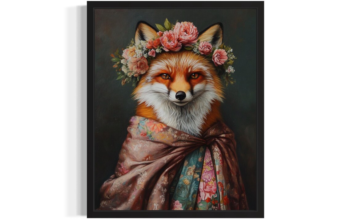 Smiling Red Fox Pink Flower Crown and Shawl Portrait Fine Art Decor Poster