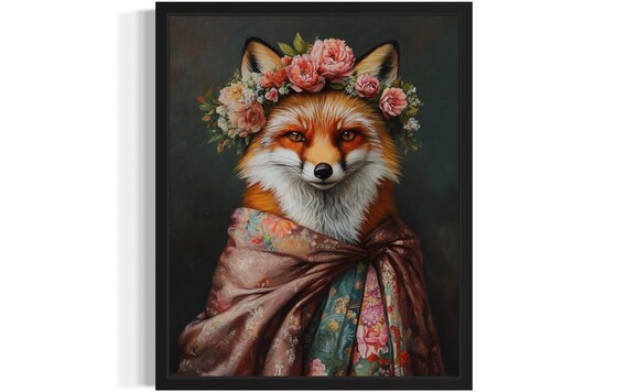 Smiling Red Fox Pink Flower Crown and Shawl Portrait Fine Art Decor Poster