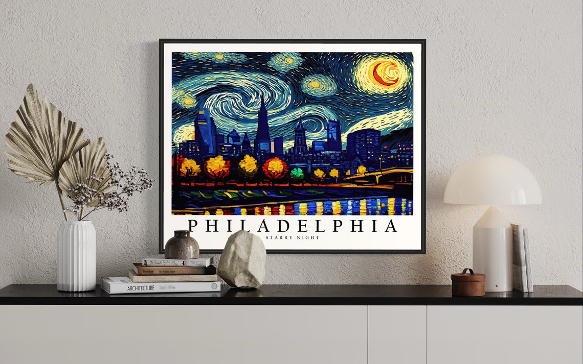 Philadelphia Starry Night River Reflection Skyline Art Poster - Image 2