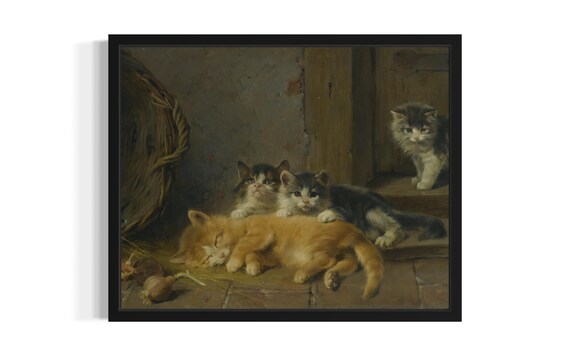 Four Kittens Resting In Cozy Barn Corner Vintage Oil Painting Poster