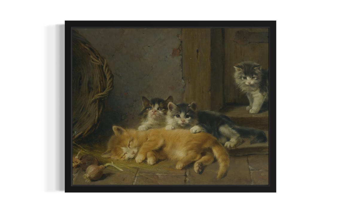 Four Kittens Resting In Cozy Barn Corner Vintage Oil Painting Poster